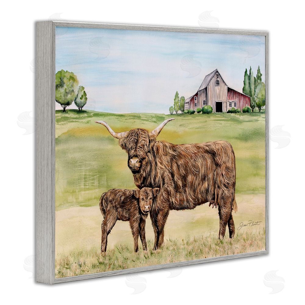 Jean Plout Highland Cow And Calf Gray Framed Giclee Print Wall Art
