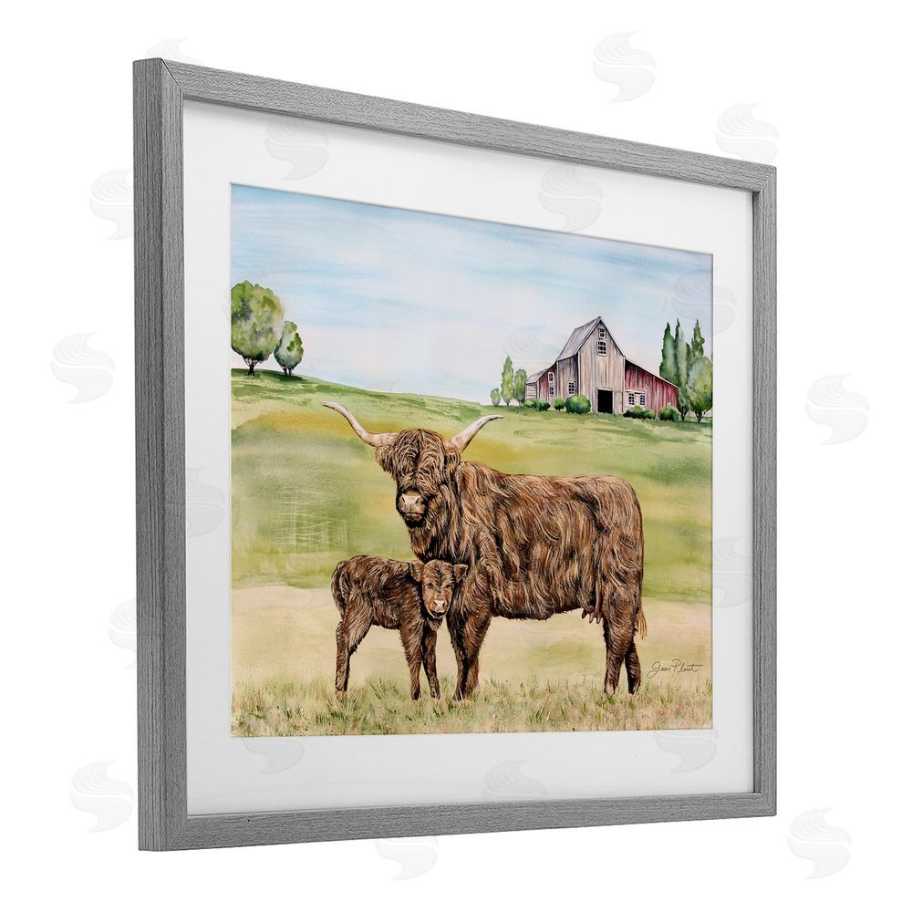 Jean Plout Highland Cow And Calf Gray Framed Print Under Glass Wall Art