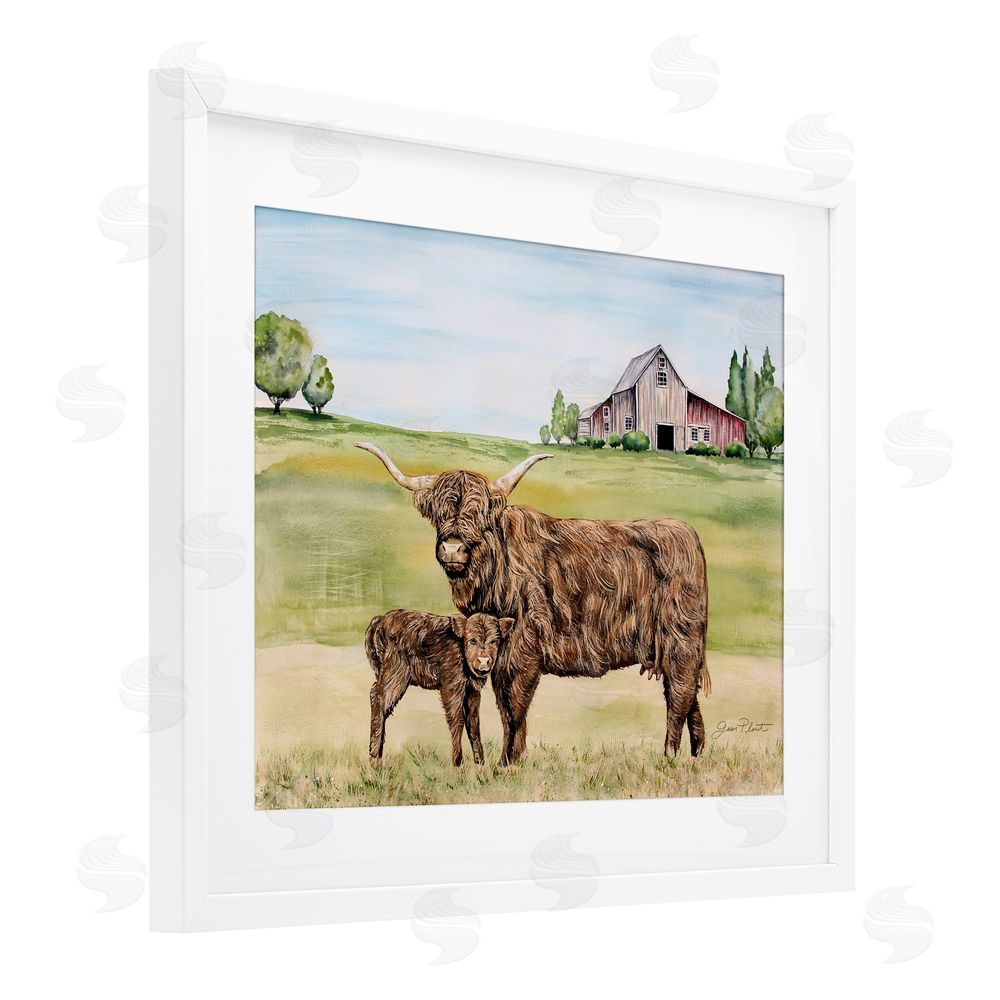 Jean Plout Highland Cow And Calf White Framed Print Under Glass Wall Art