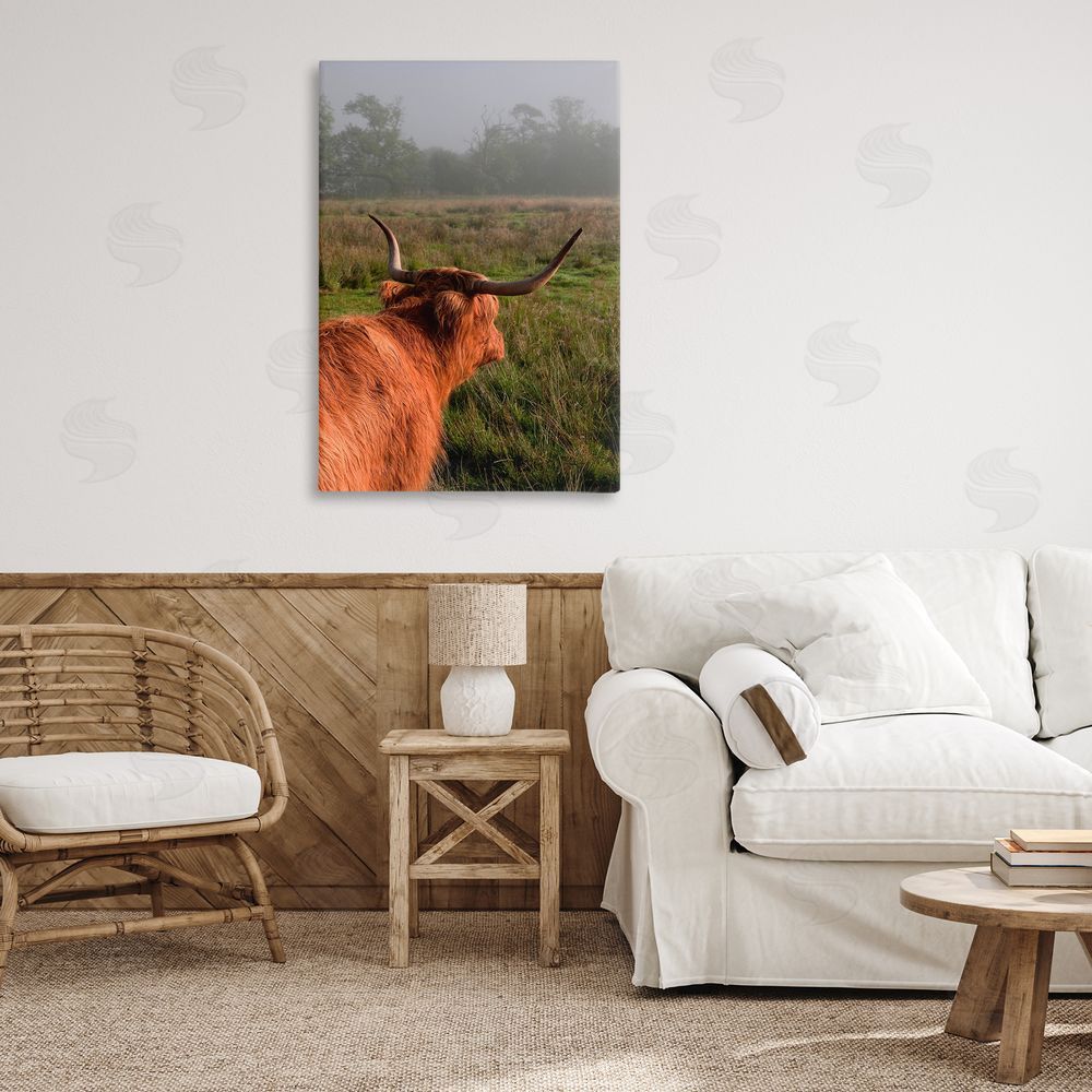 Jenny Rainbow Fine Art Highland Cow Gazing Out Stretched Canvas Wall Art Print in Room