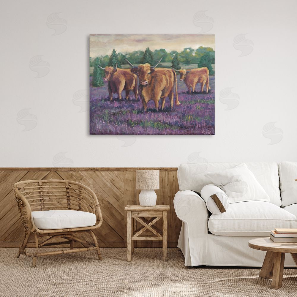 Marnie Bourque Purple Fields & Cows Stretched Canvas Wall Art Print in Room