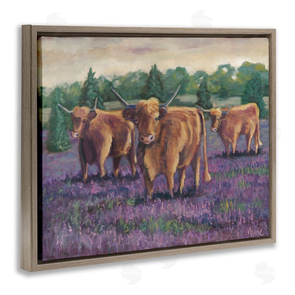 Marnie Bourque Purple Fields & Cows Brown Floating Frame Canvas Wall Art Print