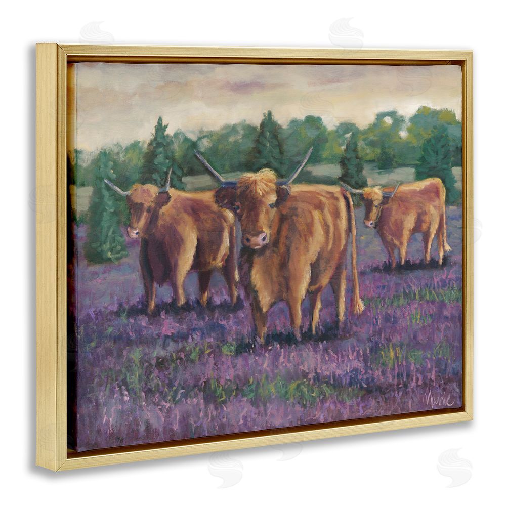 Marnie Bourque Purple Fields & Cows Gold Floating Frame Canvas Wall Art Print