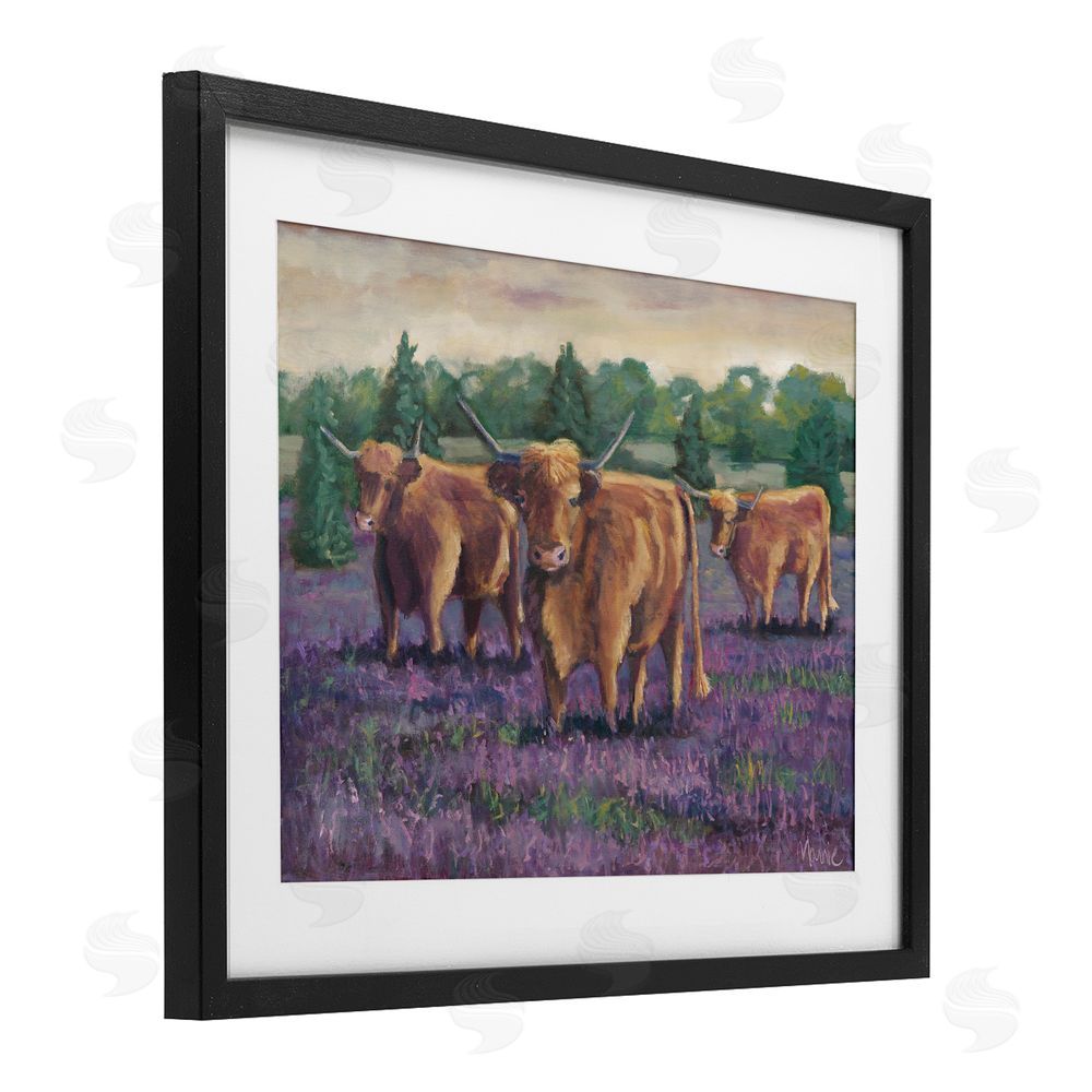 Marnie Bourque Purple Fields & Cows Black Framed Print Under Glass Wall Art