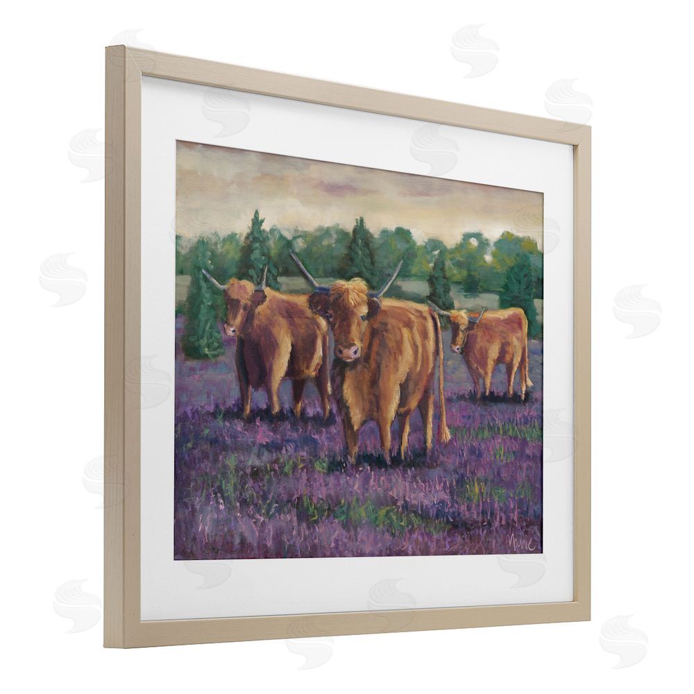 Marnie Bourque Purple Fields & Cows Brown Framed Print Under Glass Wall Art