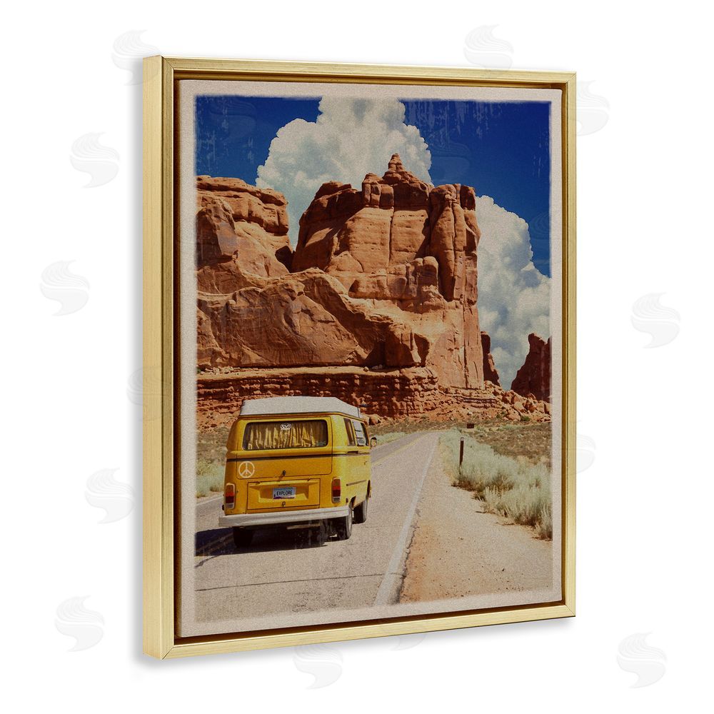 Old Red Truck Retro Desert Adventure Gold Floating Frame Canvas Wall Art Print