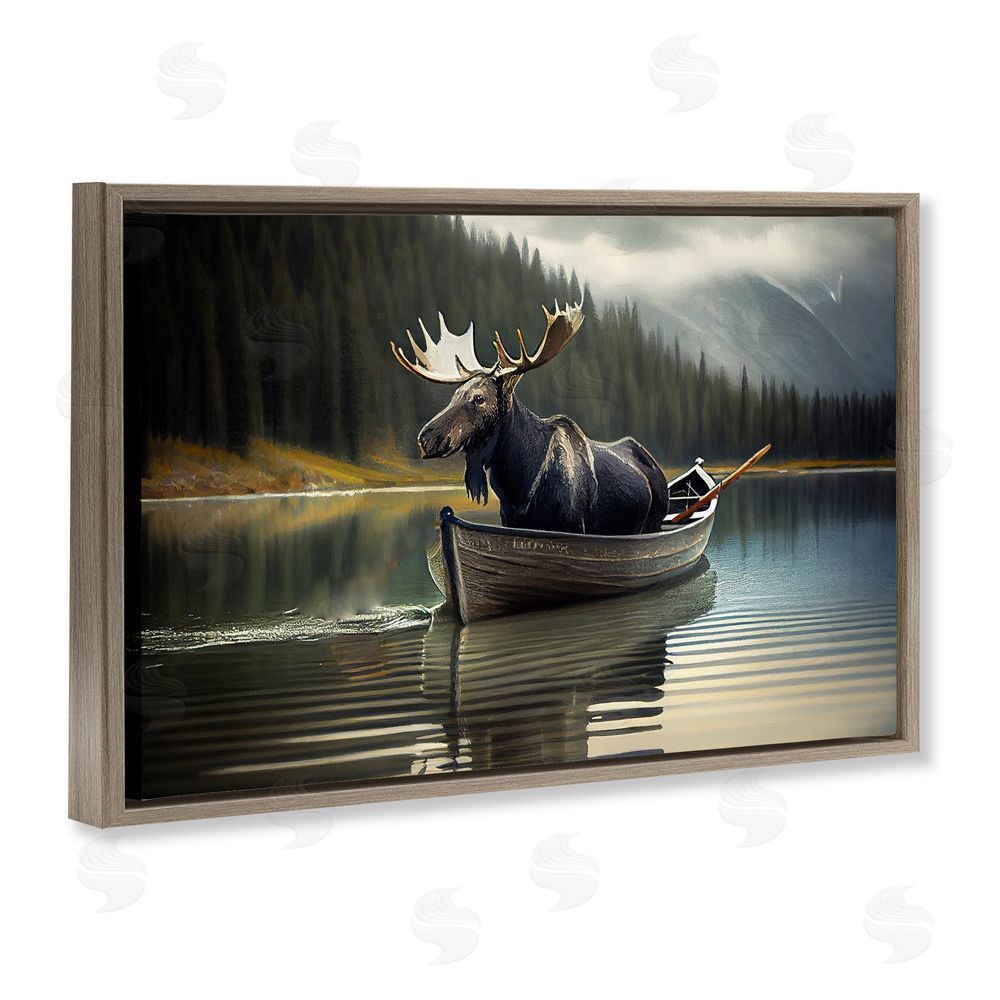Sasha Moose in Canoe Tranquility Brown Floating Frame Canvas Wall Art Print