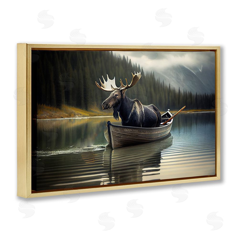 Sasha Moose in Canoe Tranquility Gold Floating Frame Canvas Wall Art Print