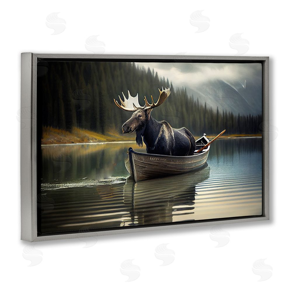 Sasha Moose in Canoe Tranquility Gray Floating Frame Canvas Wall Art Print