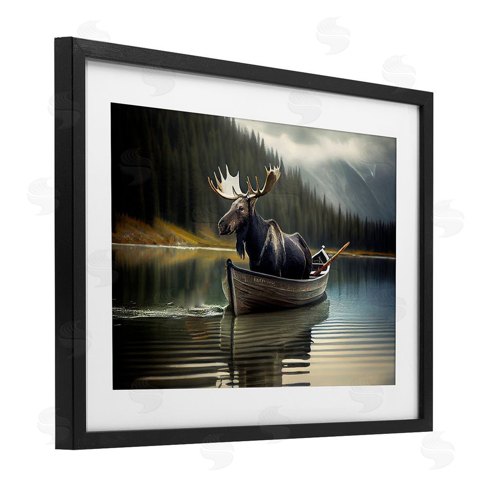 Sasha Moose in Canoe Tranquility Black Framed Print Under Glass Wall Art