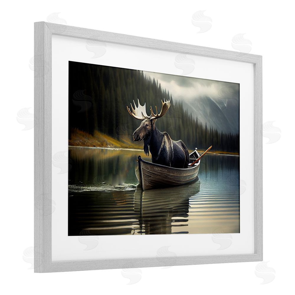 Sasha Moose in Canoe Tranquility Gray Framed Print Under Glass Wall Art
