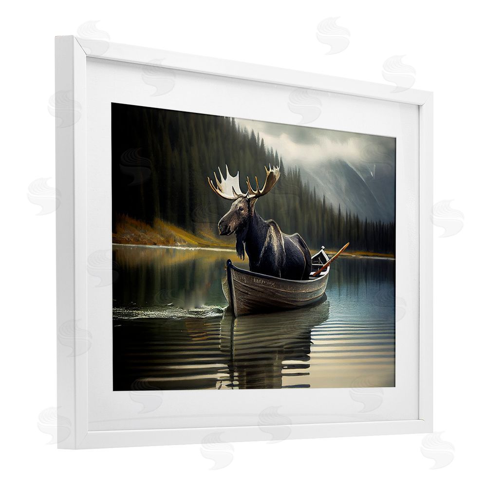 Sasha Moose in Canoe Tranquility White Framed Print Under Glass Wall Art