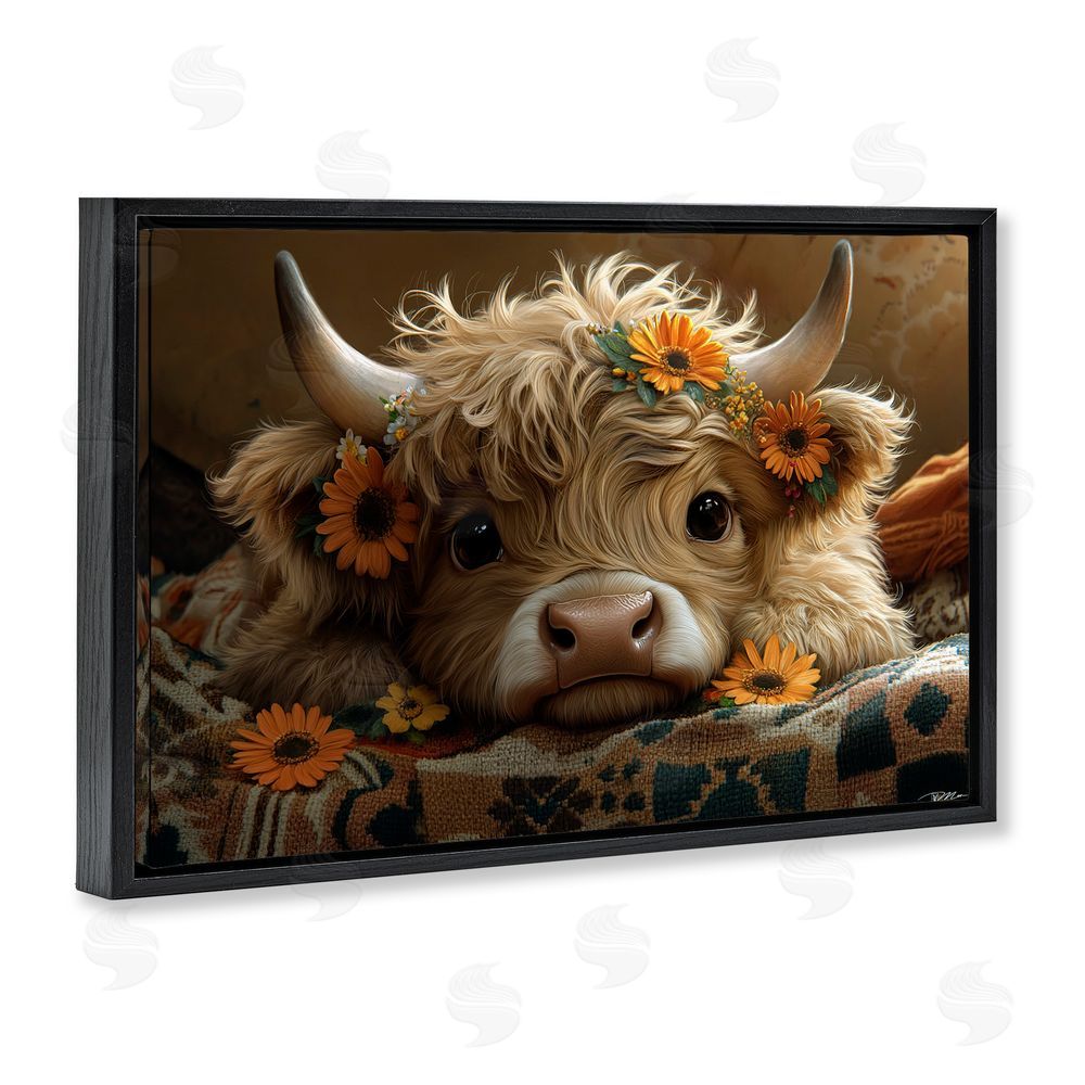 Momart Adorable Flower Bedecked Cattle Black Floating Frame Canvas Wall Art Print