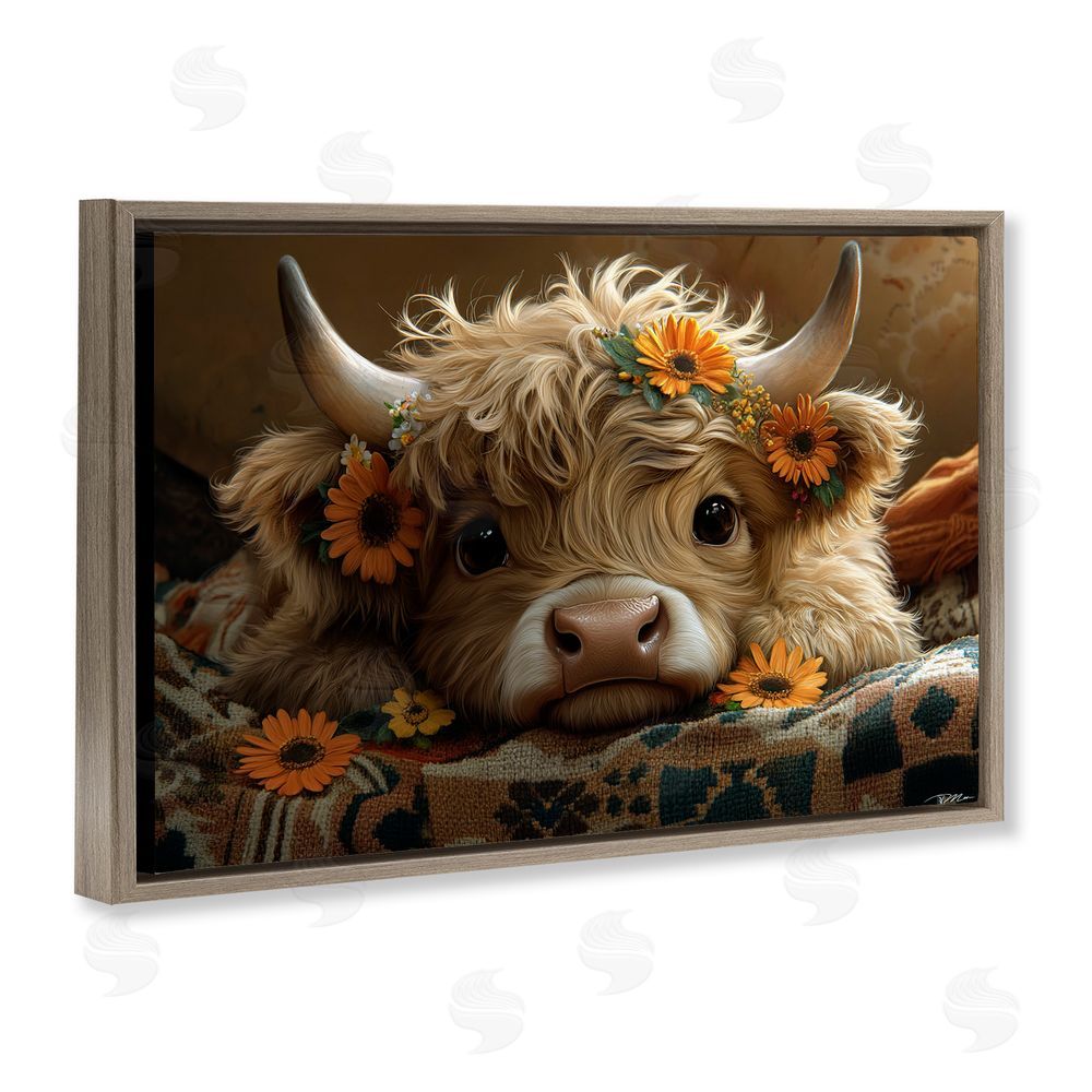 Momart Adorable Flower Bedecked Cattle Brown Floating Frame Canvas Wall Art Print