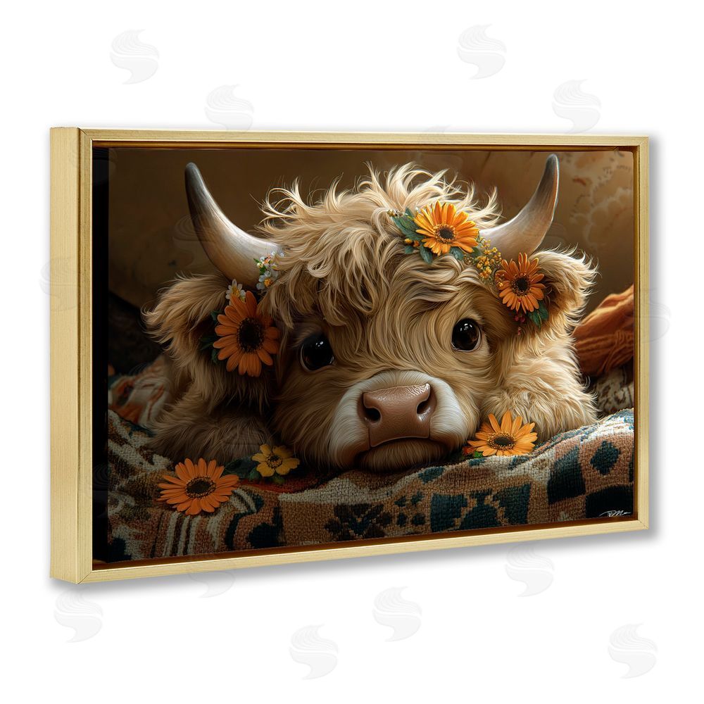 Momart Adorable Flower Bedecked Cattle Gold Floating Frame Canvas Wall Art Print