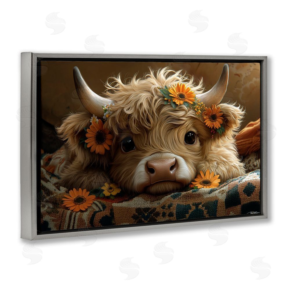 Momart Adorable Flower Bedecked Cattle Gray Floating Frame Canvas Wall Art Print