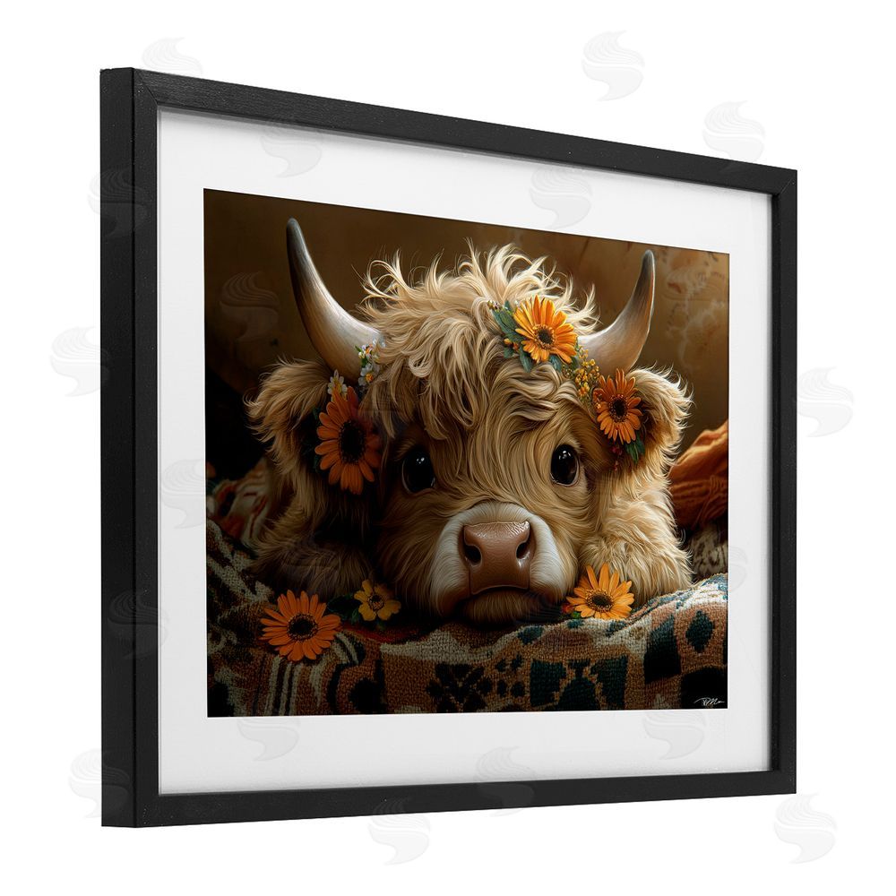 Momart Adorable Flower Bedecked Cattle Black Framed Print Under Glass Wall Art