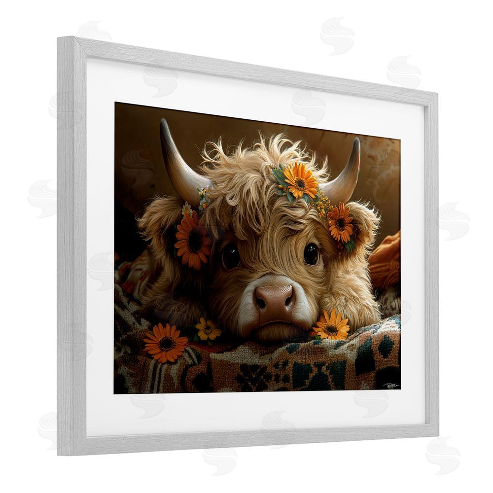 Momart Adorable Flower Bedecked Cattle Gray Framed Print Under Glass Wall Art