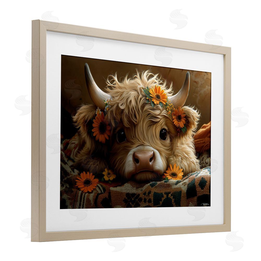 Momart Adorable Flower Bedecked Cattle Brown Framed Print Under Glass Wall Art