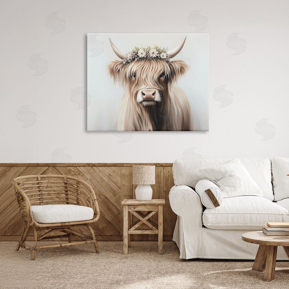 Shawna Stewart Shaggy Cattle Floral Crown Stretched Canvas Wall Art Print in Room