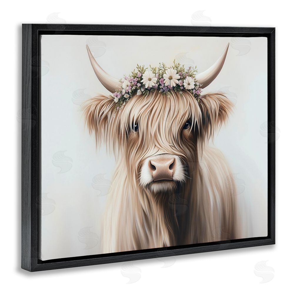 Shawna Stewart Shaggy Cattle Floral Crown Black Floating Frame Canvas Wall Art Print