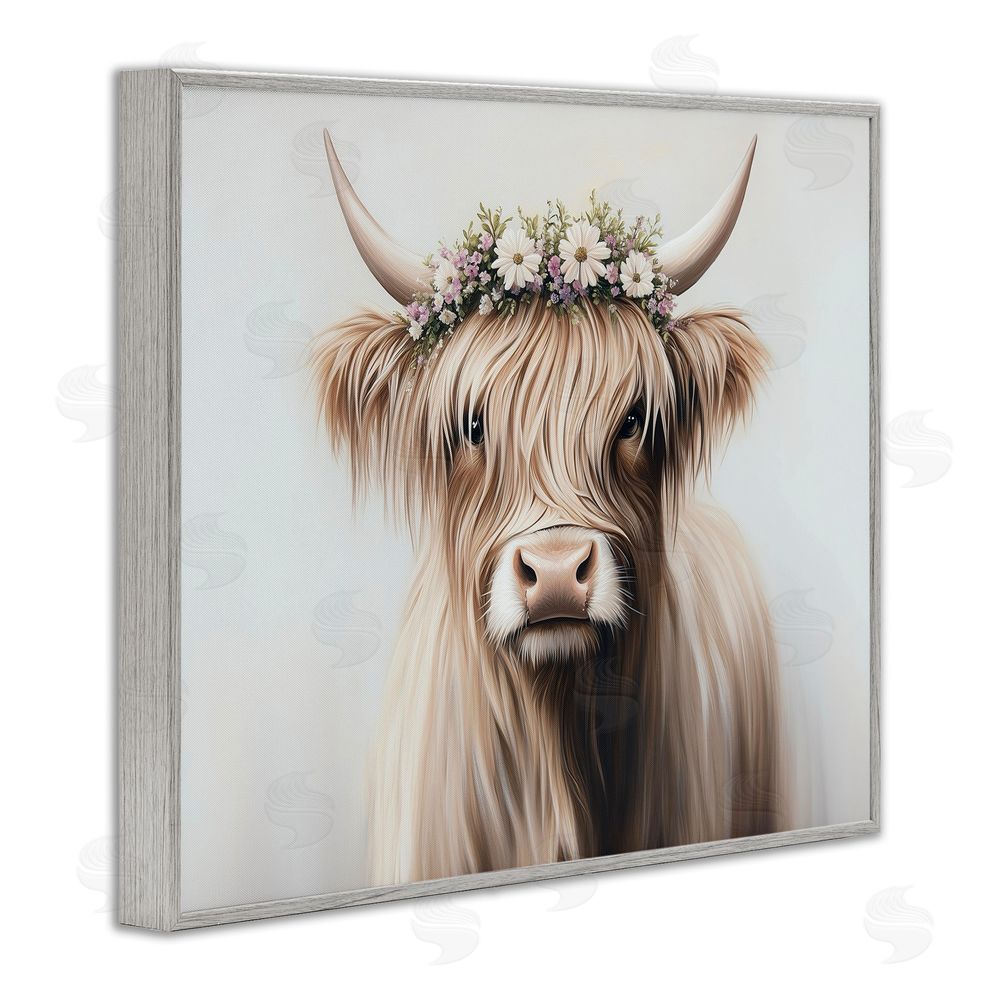 Shawna Stewart Shaggy Cattle Floral Crown Gray Framed Giclee Print Wall Art