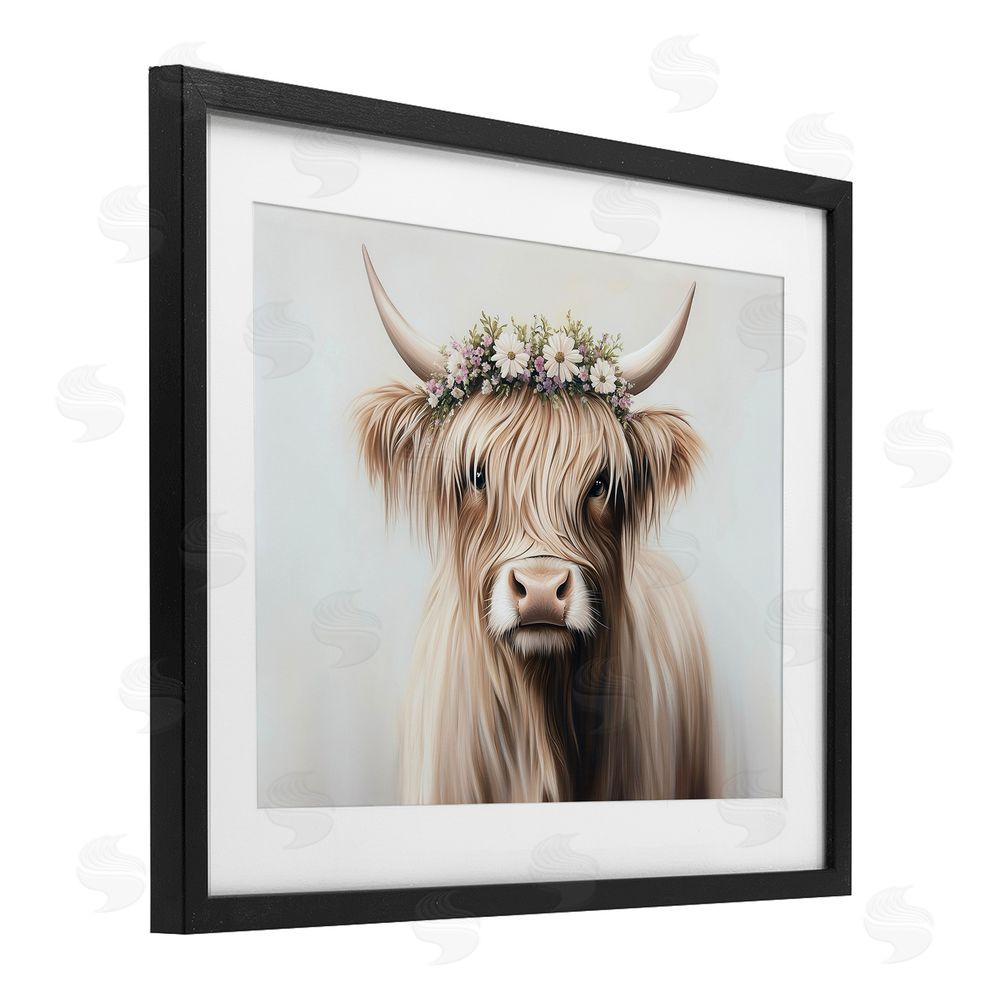 Shawna Stewart Shaggy Cattle Floral Crown Black Framed Print Under Glass Wall Art