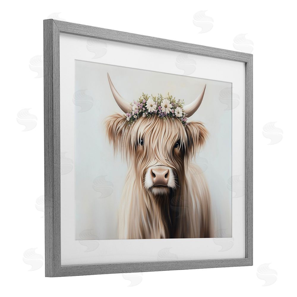 Shawna Stewart Shaggy Cattle Floral Crown Gray Framed Print Under Glass Wall Art