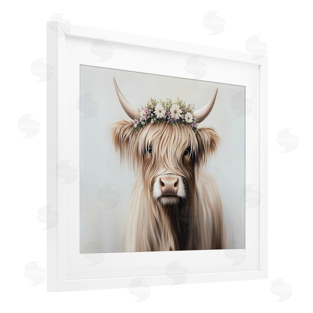 Shawna Stewart Shaggy Cattle Floral Crown White Framed Print Under Glass Wall Art