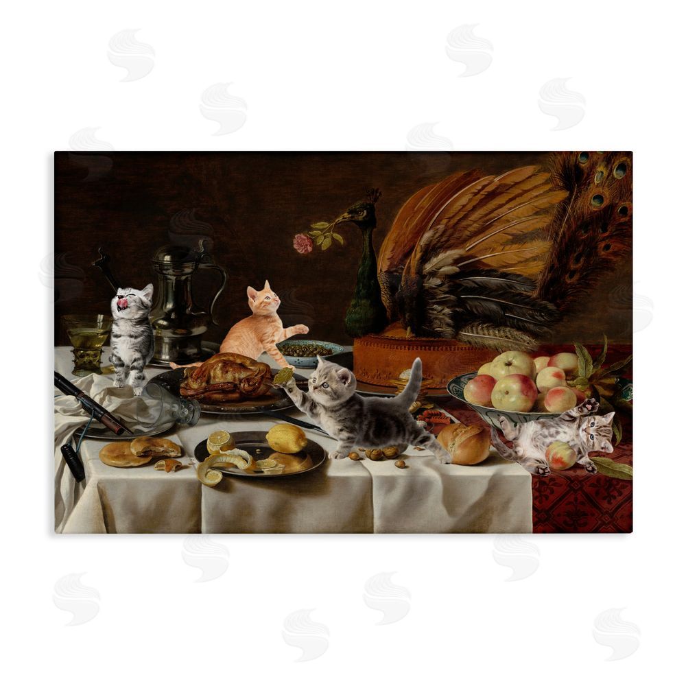 Masters Redux Kittens on Still Life Feast Stretched Canvas Wall Art Print