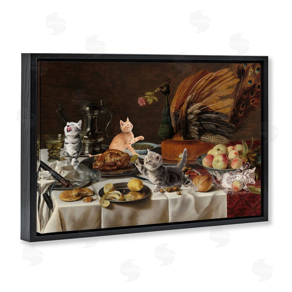 Masters Redux Kittens on Still Life Feast Black Floating Frame Canvas Wall Art Print