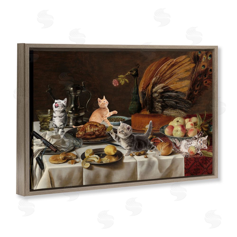 Masters Redux Kittens on Still Life Feast Brown Floating Frame Canvas Wall Art Print