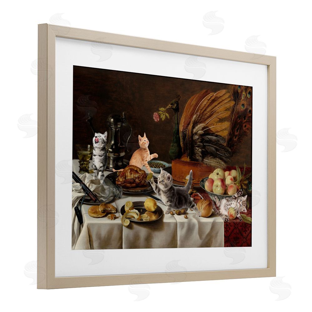Masters Redux Kittens on Still Life Feast Brown Framed Print Under Glass Wall Art
