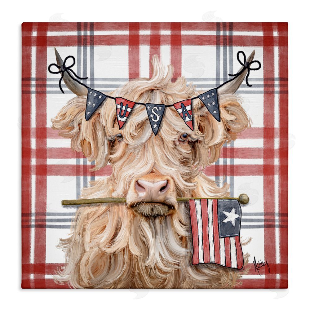 Ashley Bradley USA Plaid Highland Cattle Stretched Canvas Wall Art Print