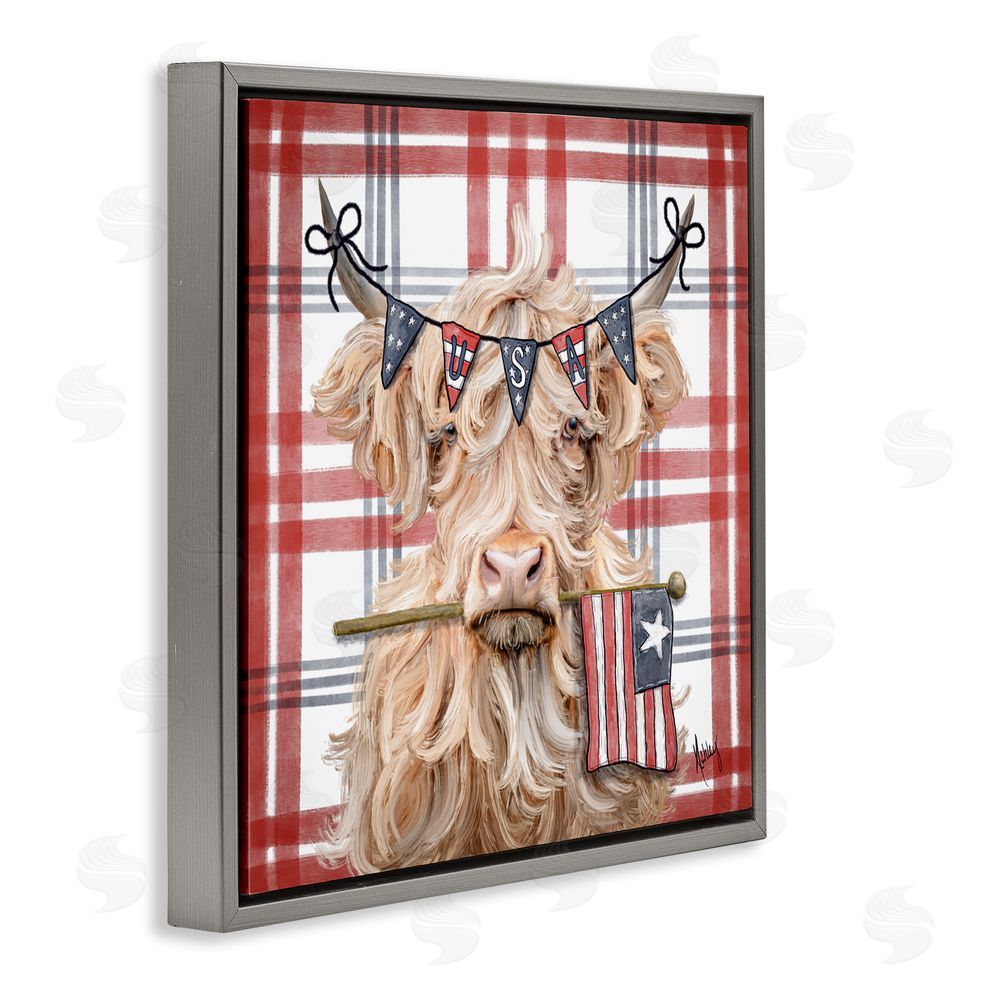 Ashley Bradley USA Plaid Highland Cattle Gray Floating Frame Canvas Wall Art Print