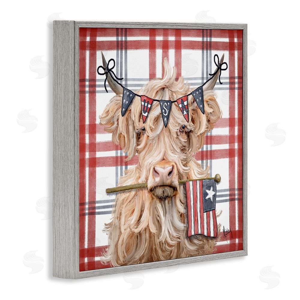 Ashley Bradley USA Plaid Highland Cattle Gray Framed Giclee Print Wall Art