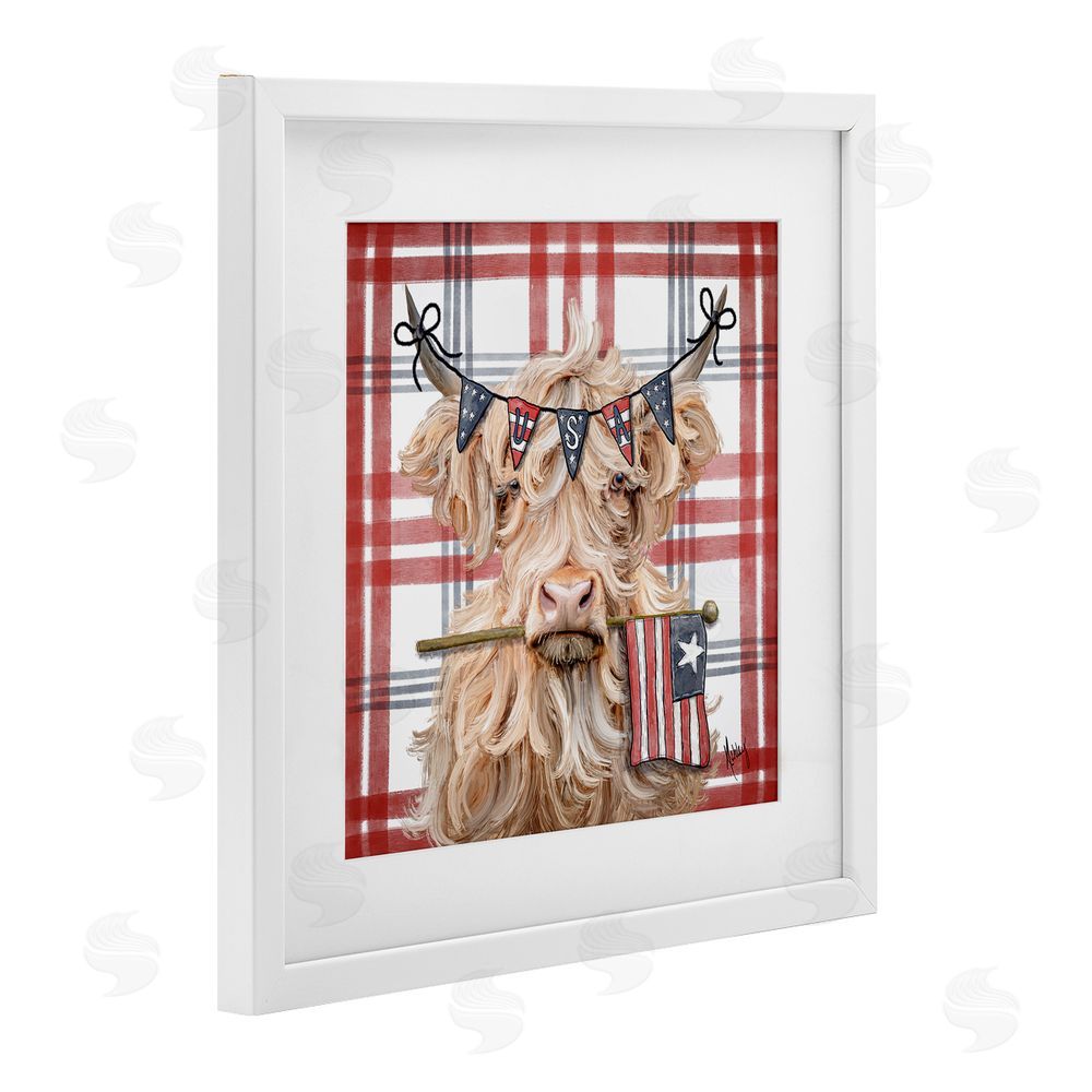 Ashley Bradley USA Plaid Highland Cattle White Framed Print Under Glass Wall Art