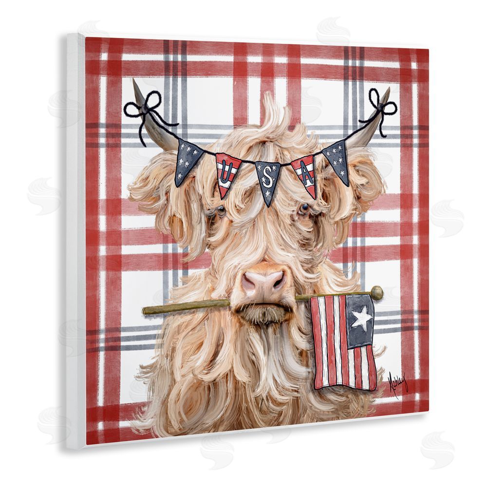 Ashley Bradley USA Plaid Highland Cattle Wooden Wall Plaque Art Print