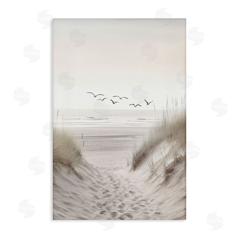 Decent Exposures Seagulls over Sandy Footprints Stretched Canvas Wall Art Print