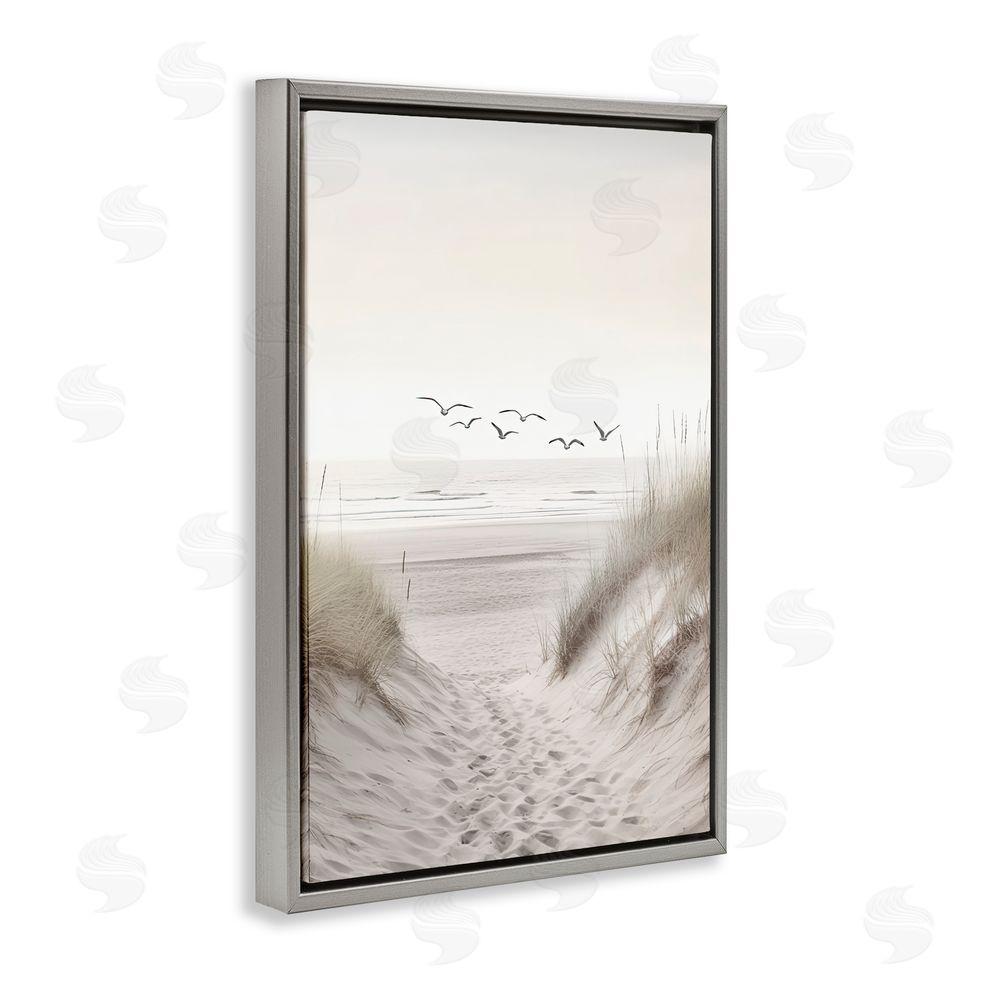 Decent Exposures Seagulls over Sandy Footprints Gray Floating Frame Canvas Wall Art Print