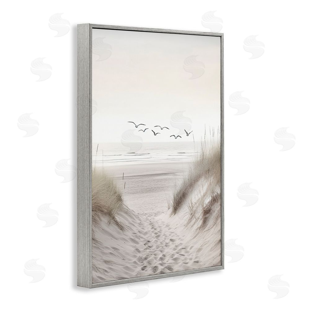 Decent Exposures Seagulls over Sandy Footprints Gray Framed Giclee Print Wall Art