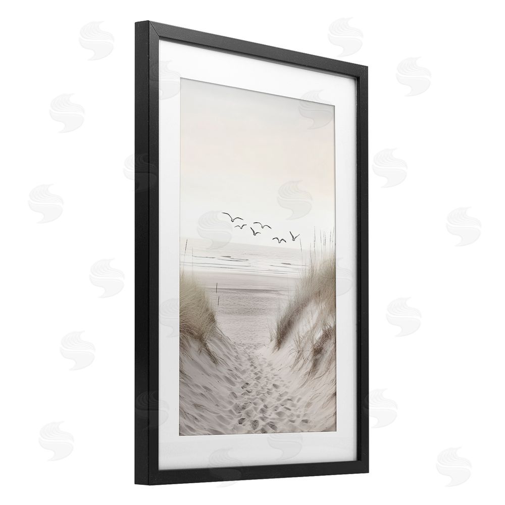 Decent Exposures Seagulls over Sandy Footprints Black Framed Print Under Glass Wall Art