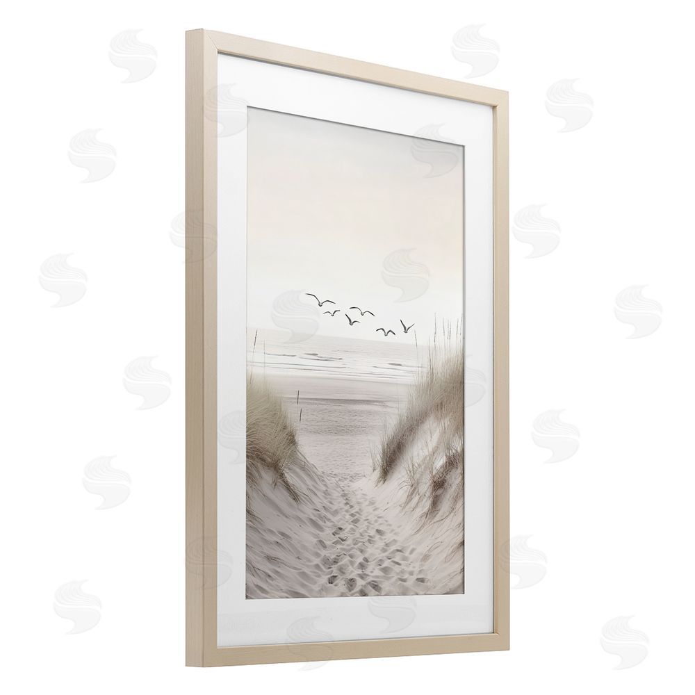 Decent Exposures Seagulls over Sandy Footprints Brown Framed Print Under Glass Wall Art