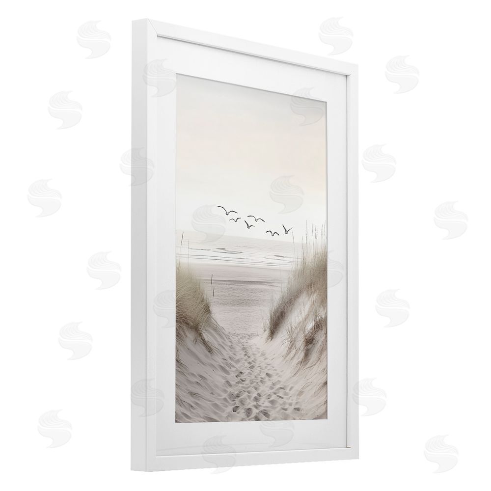 Decent Exposures Seagulls over Sandy Footprints White Framed Print Under Glass Wall Art