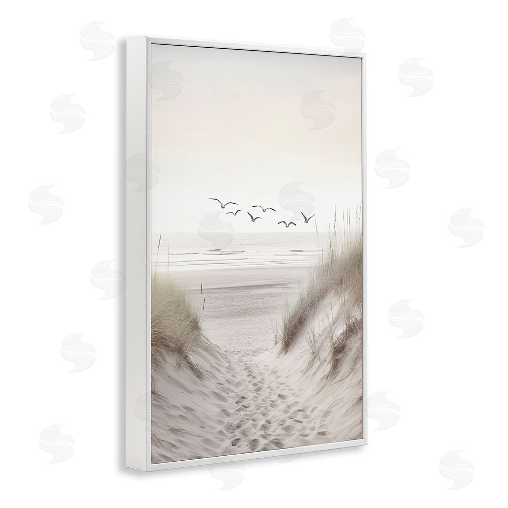 Decent Exposures Seagulls over Sandy Footprints White Framed Giclee Print Wall Art