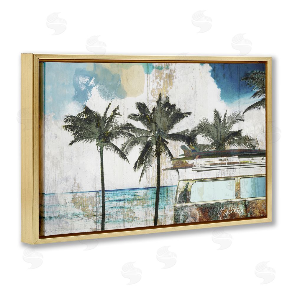 Sasha Beach Day Retro Vacation Gold Floating Frame Canvas Wall Art Print