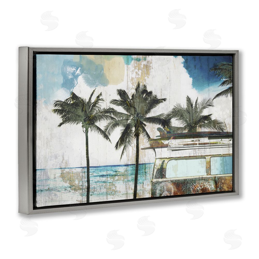 Sasha Beach Day Retro Vacation Gray Floating Frame Canvas Wall Art Print