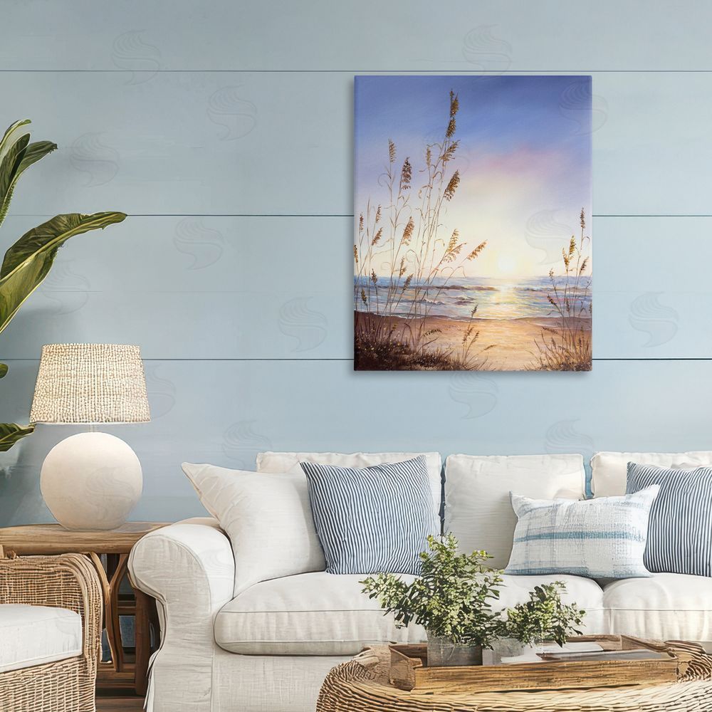 Michelle Faber Seascape with Sunlit Grasses Stretched Canvas Wall Art Print in Room