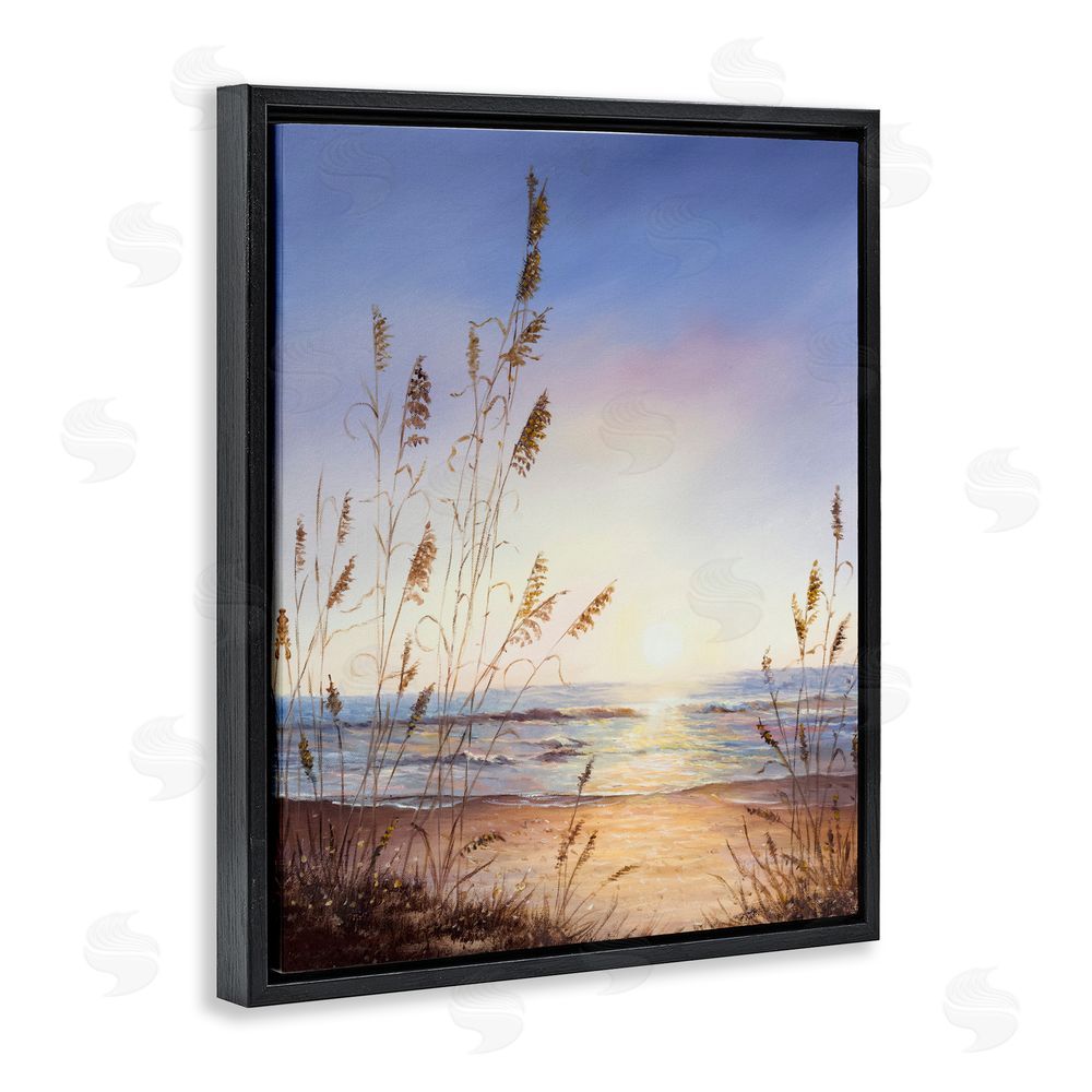 Michelle Faber Seascape with Sunlit Grasses Black Floating Frame Canvas Wall Art Print