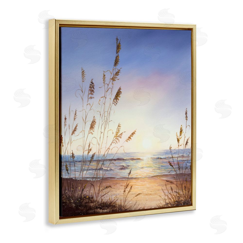 Michelle Faber Seascape with Sunlit Grasses Gold Floating Frame Canvas Wall Art Print